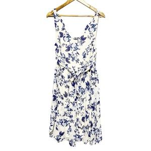 White and Blue Floral Sleeveless Dress with Tie Waist